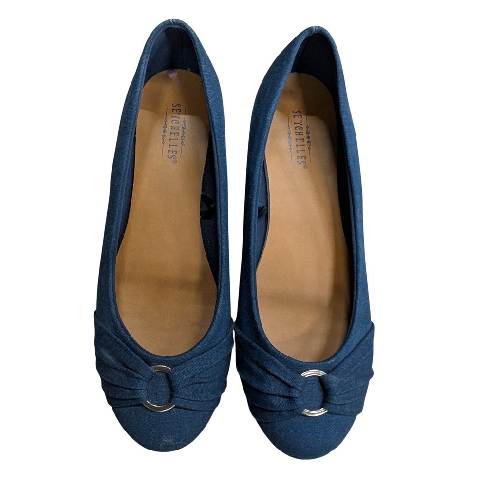 Seychelles Navy Blue Canvas Ballet Flats Silver Ring Detail Round Toe Size- 6.5